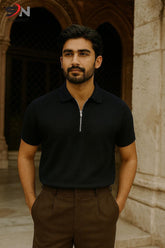 Texture Zipped Collar Tees