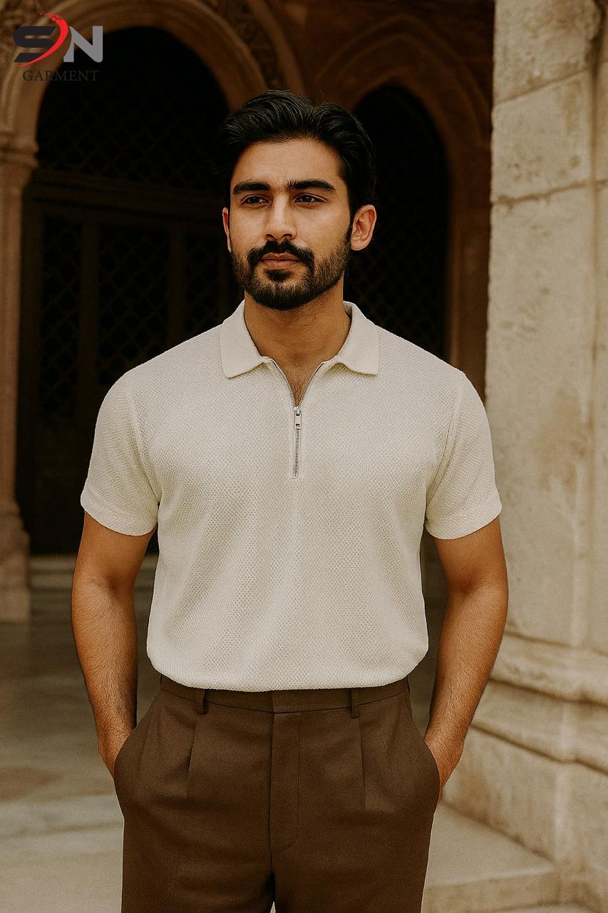 Texture Zipped Collar Tees
